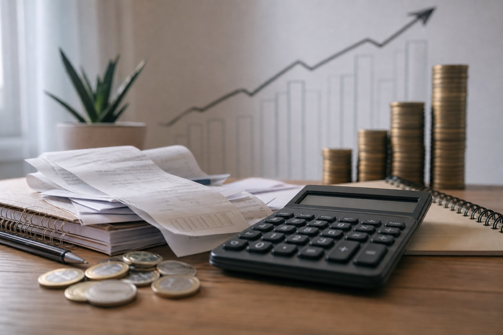 Calculadora e moedas brasileiras representam o impacto da inflação e dos juros no orçamento das famílias